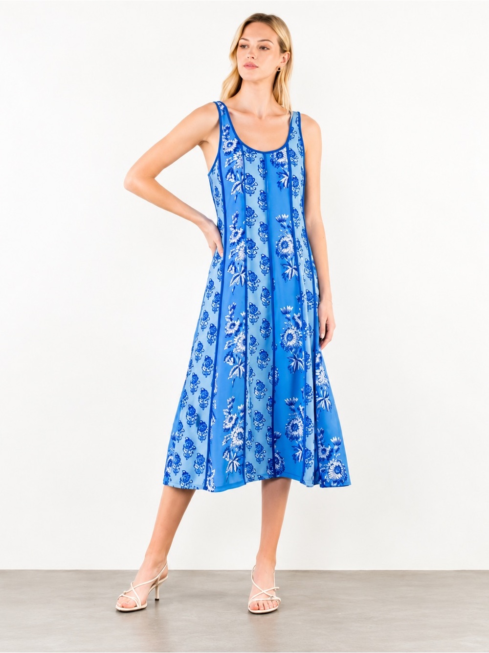 THML Blue Floral Scoop Neck Midi Dress